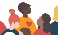An illustration of a group of people, one of them wearing a yellow shirt with a red heart on it.