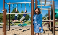 Emily Bowman, publisher of Macaroni Kids SE Metro, MN, plays with her kids at Colby Lake Park