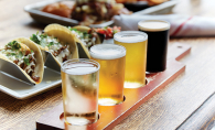 A Tamarack Tap Room flight of beers on the restaurant's patio.