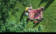 A family of four sits on a picnic blanket in the park.