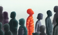 An orange silhouette stands in a crowd of black and grey silhouettes.