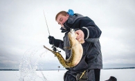 Holding fish caught while ice fishing.