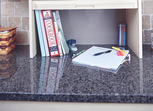 A designated study space set up on a countertop after fall cleaning. 