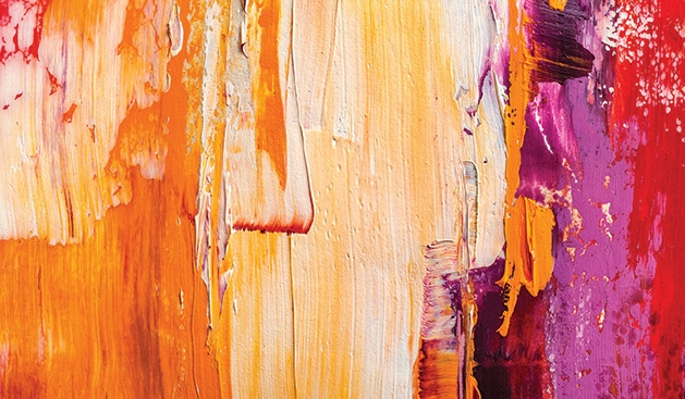 Orange, yellow, red and purple paint on a canvas.