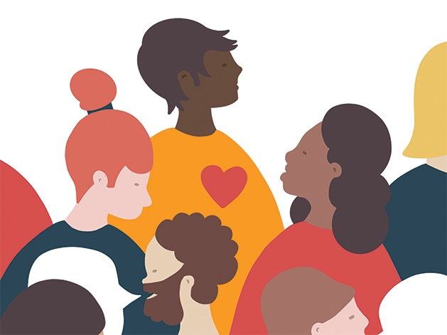 An illustration of a group of people, one of them wearing a yellow shirt with a red heart on it.
