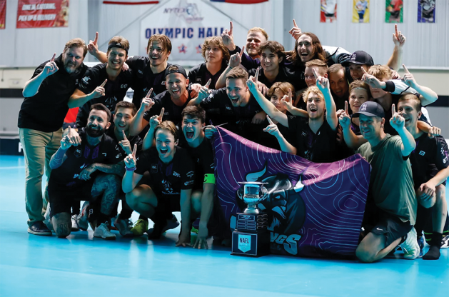 Hugo Rouvinen (fourth from the top left) with the Florida Vikings semi-professional floorball team.