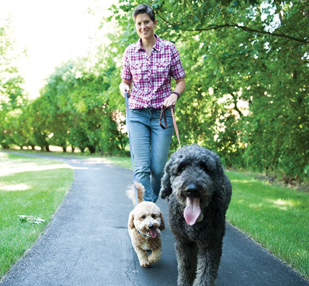 A woman walks two dogs.