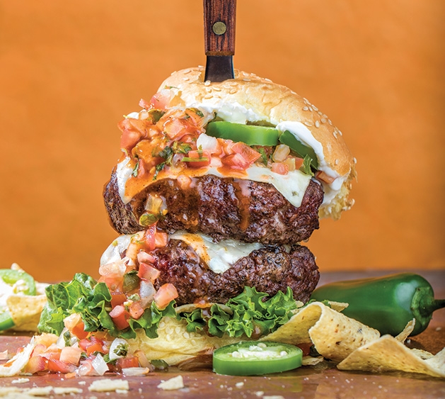 Grass-fed beef burger A grass-fed beef burger made with beef from Jerry's Foods