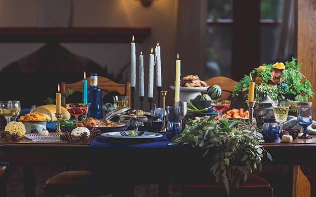 Healthy holiday menu A table stocked with healthy Thanksgiving and Christmas dishes.