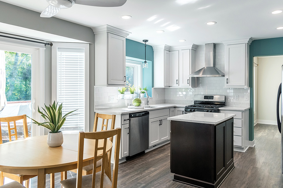 Pops of teal paint in the kitchen.