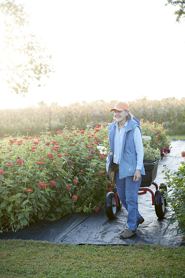 Susan Rockwood stands in a field of flowers.