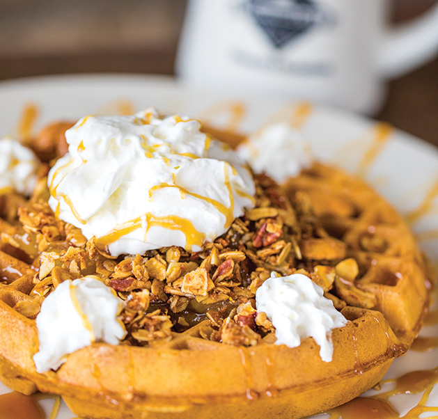 The Caramel Apple Crisp waffle at New Woodbury Cafe